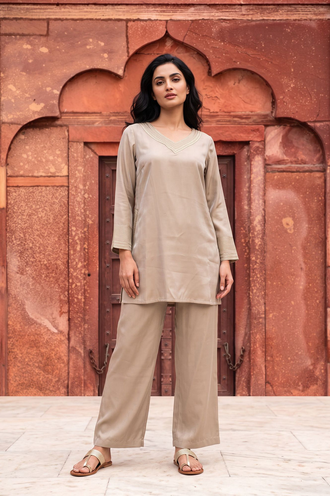 Gold Yarn Dyed Embroidered Rayon Straight Kurta with Palazzo Co-ord Set