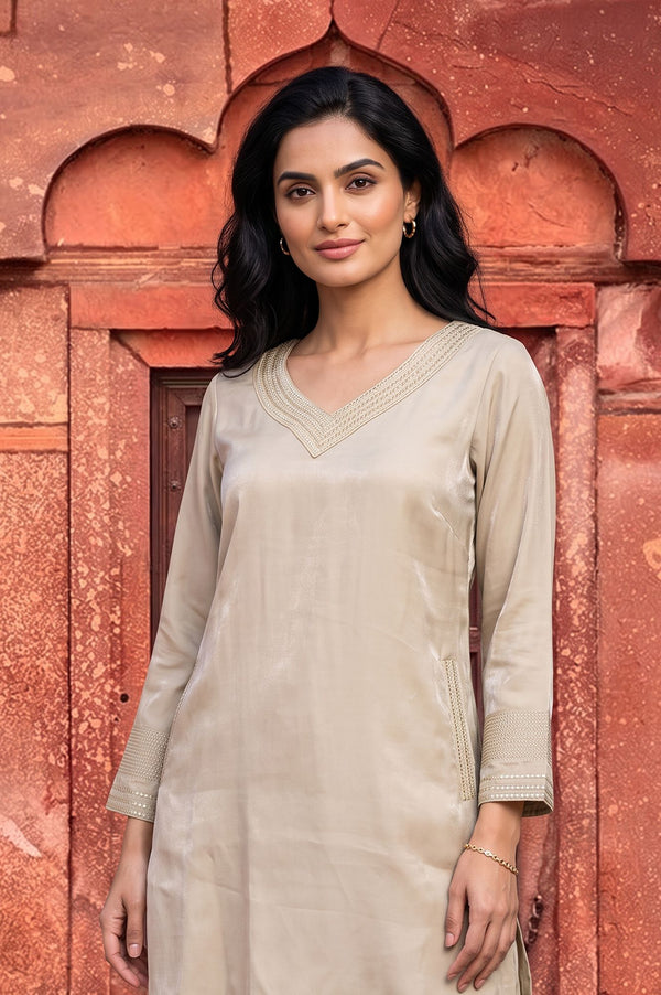 Gold Yarn Dyed Embroidered Rayon Straight Kurta with Palazzo Co-ord Set