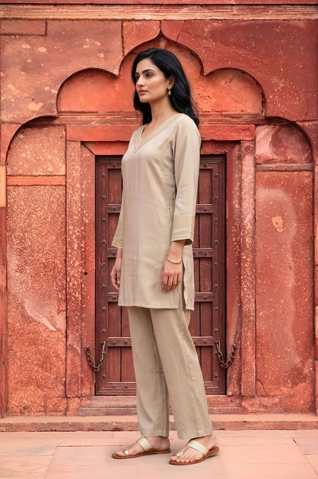 Gold Yarn Dyed Embroidered Rayon Straight Kurta with Palazzo Co-ord Set