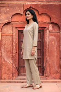 Gold Yarn Dyed Embroidered Rayon Straight Kurta with Palazzo Co-ord Set