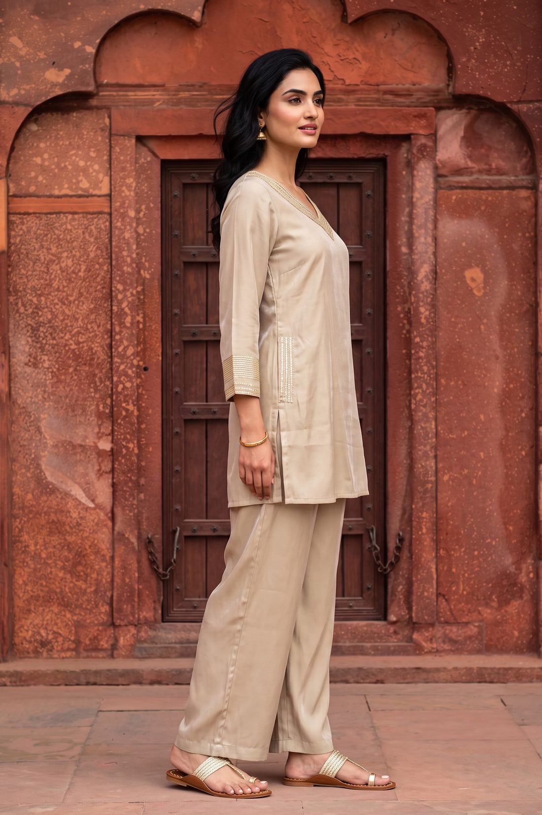 Gold Yarn Dyed Embroidered Rayon Straight Kurta with Palazzo Co-ord Set