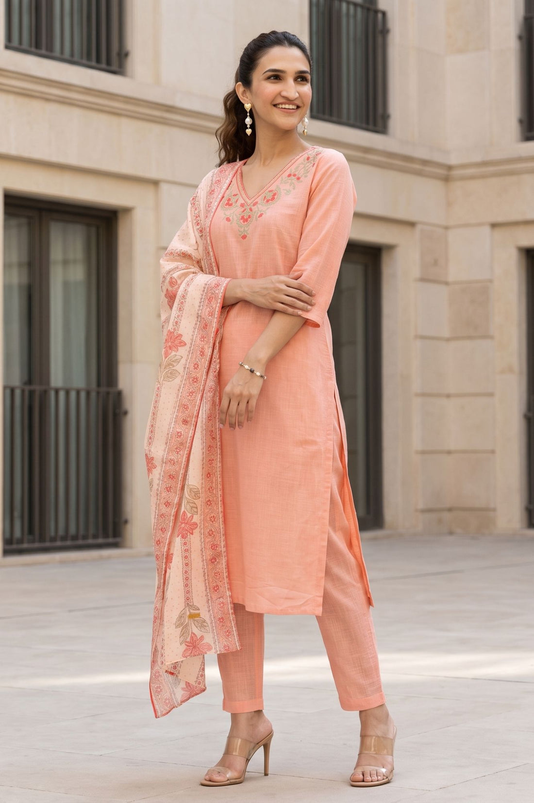 Peach Thread Embroidered Pure Cotton Straight Kurta with Trousers and Dupatta Set