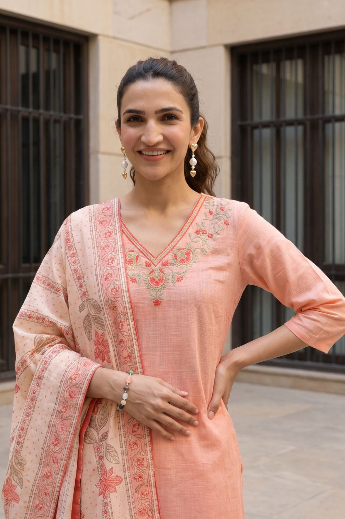 Peach Thread Embroidered Pure Cotton Straight Kurta with Trousers and Dupatta Set