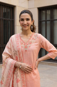 Peach Thread Embroidered Pure Cotton Straight Kurta with Trousers and Dupatta Set