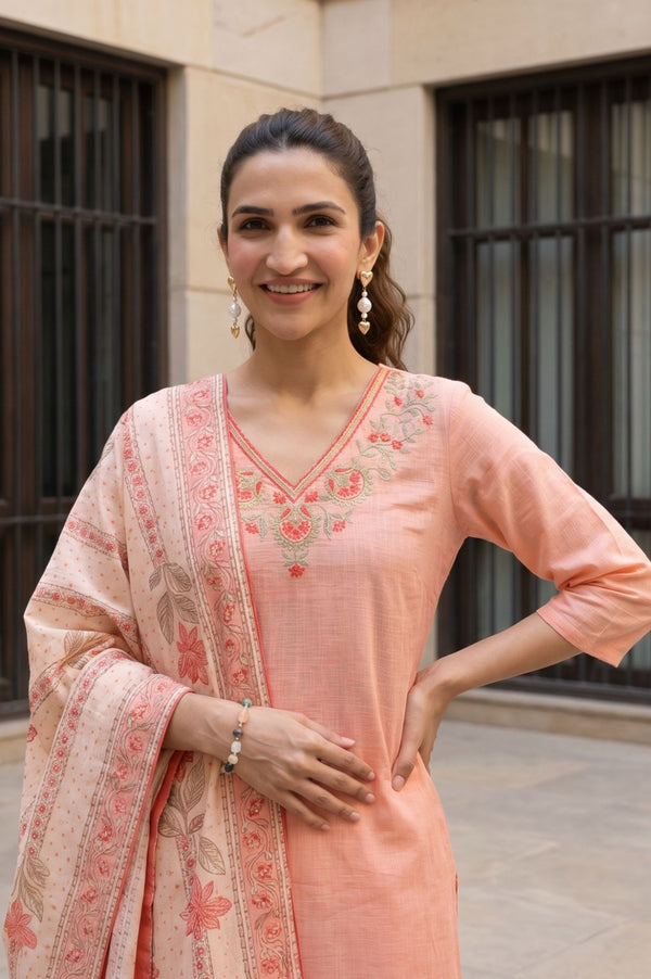 Peach Thread Embroidered Pure Cotton Straight Kurta with Trousers and Dupatta Set