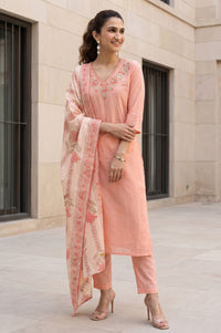 Peach Thread Embroidered Pure Cotton Straight Kurta with Trousers and Dupatta Set