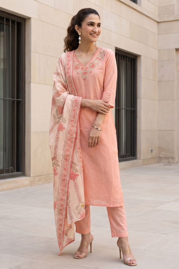 Peach Thread Embroidered Pure Cotton Straight Kurta with Trousers and Dupatta Set