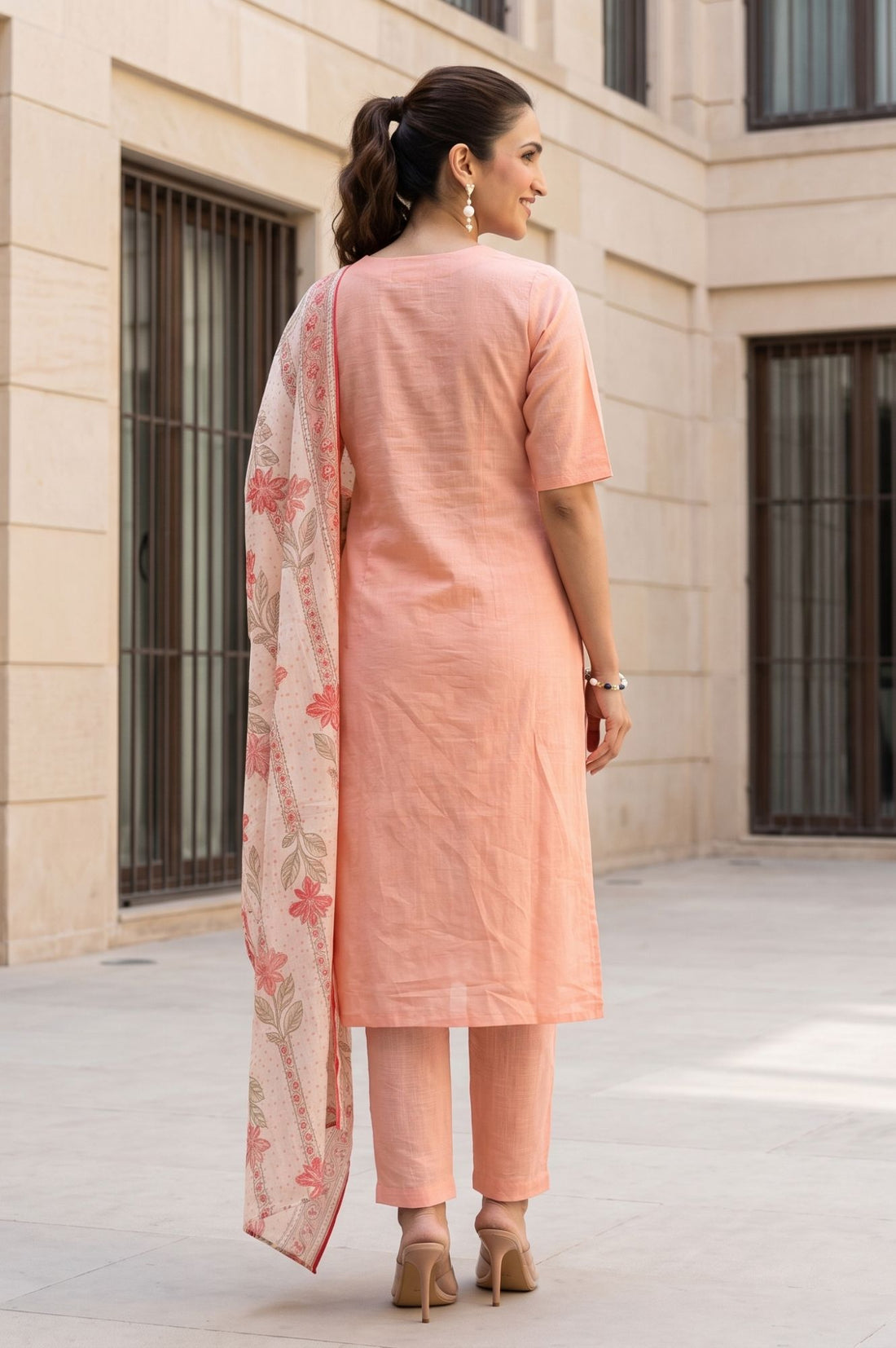 Peach Thread Embroidered Pure Cotton Straight Kurta with Trousers and Dupatta Set