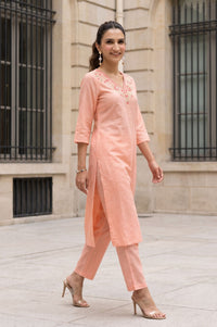 Peach Thread Embroidered Pure Cotton Straight Kurta with Trousers and Dupatta Set