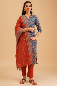 Multicolor Ethnic Motifs Pure Cotton Straight Kurta with Palazzo and Dupatta Set