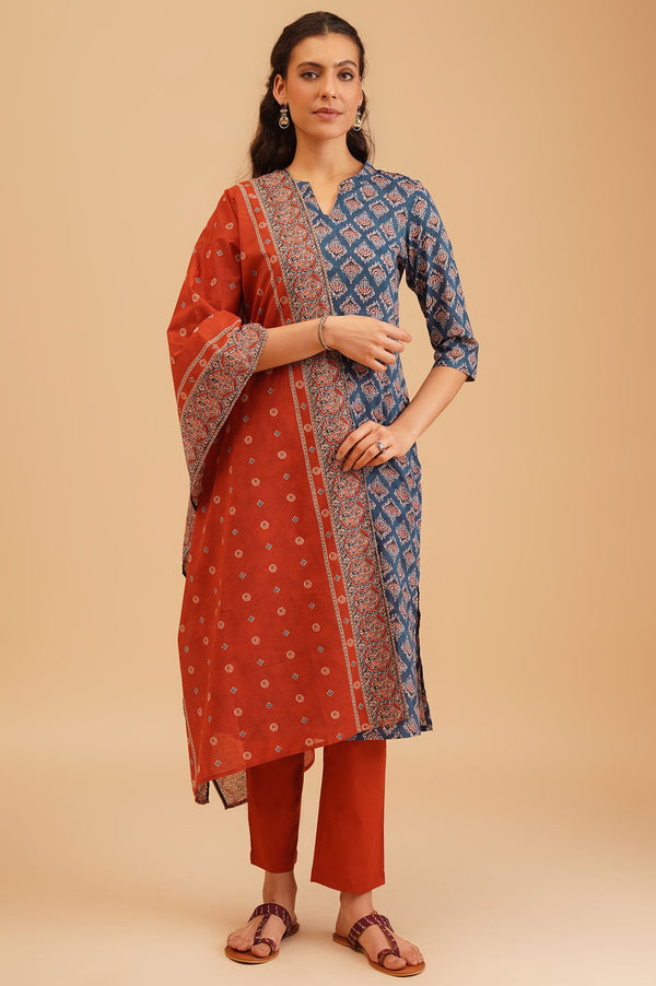 Multicolor Ethnic Motifs Pure Cotton Straight Kurta with Palazzo and Dupatta Set