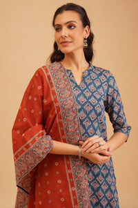 Multicolor Ethnic Motifs Pure Cotton Straight Kurta with Palazzo and Dupatta Set