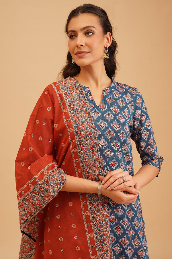 Multicolor Ethnic Motifs Pure Cotton Straight Kurta with Palazzo and Dupatta Set