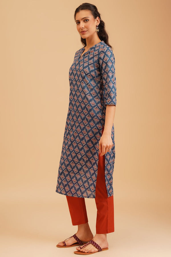 Multicolor Ethnic Motifs Pure Cotton Straight Kurta with Palazzo and Dupatta Set