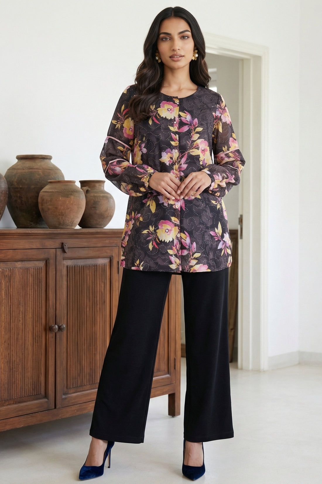 Black Floral Printed Georgette Straight Top