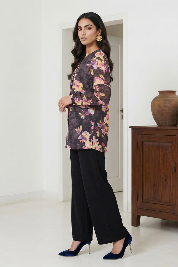 Black Floral Printed Georgette Straight Top