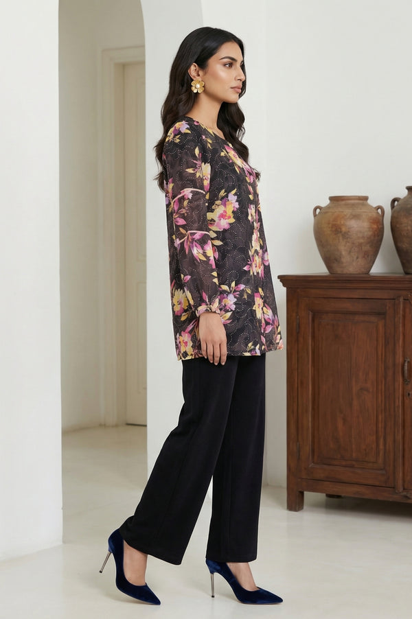 Black Floral Printed Georgette Straight Top