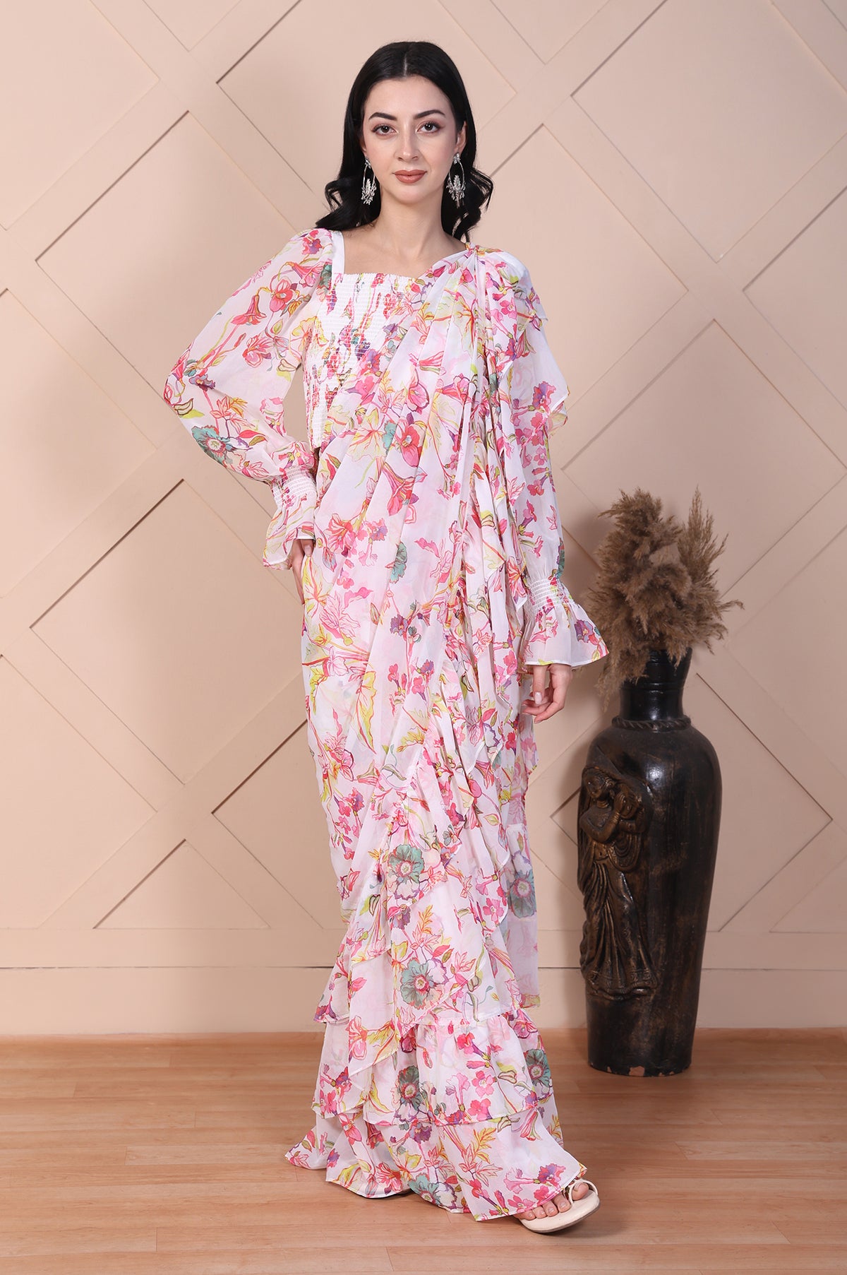 White Floral Printed Saree with Stitched Blouse - S/M