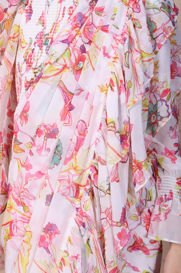 White Floral Printed Saree with Stitched Blouse