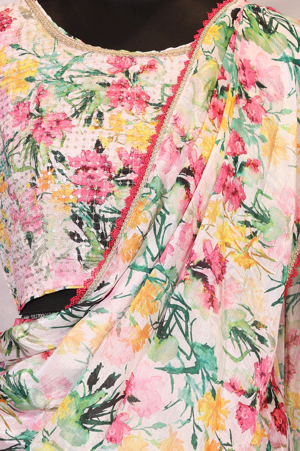 Multicolor Floral Printed Georgette Saree with Stitched Blouse