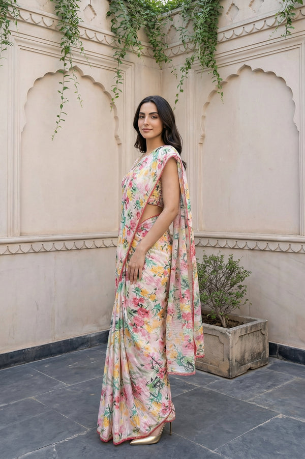 Multicolor Floral Printed Georgette Saree with Stitched Blouse