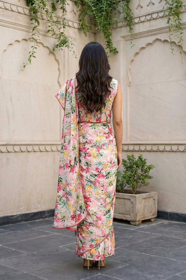 Multicolor Floral Printed Georgette Saree with Stitched Blouse