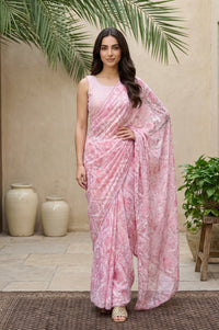 Pink Floral Printed Georgette Saree with Stitched Blouse