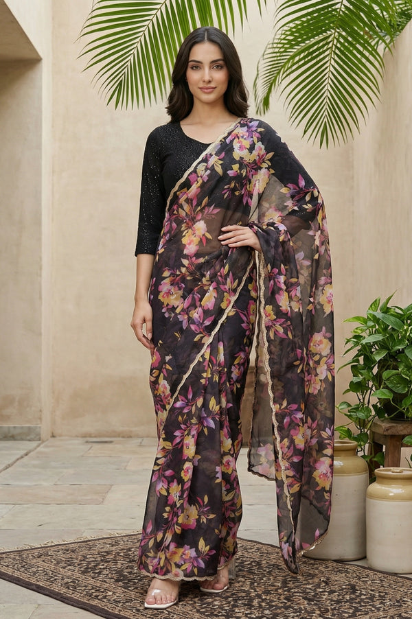 Black Floral Printed Lace Georgette Saree with Stitched Sequined Blouse