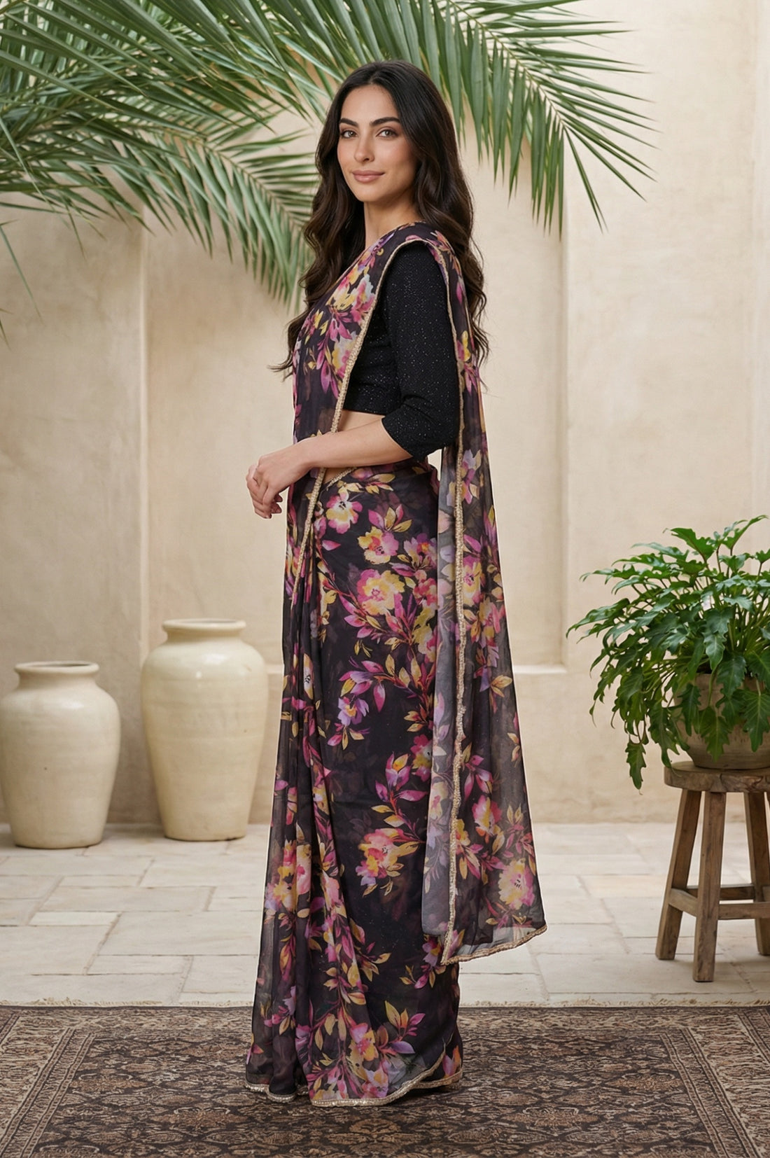 Black Floral Printed Lace Georgette Saree with Stitched Sequined Blouse