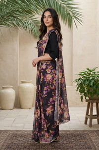 Black Floral Printed Lace Georgette Saree with Stitched Sequined Blouse