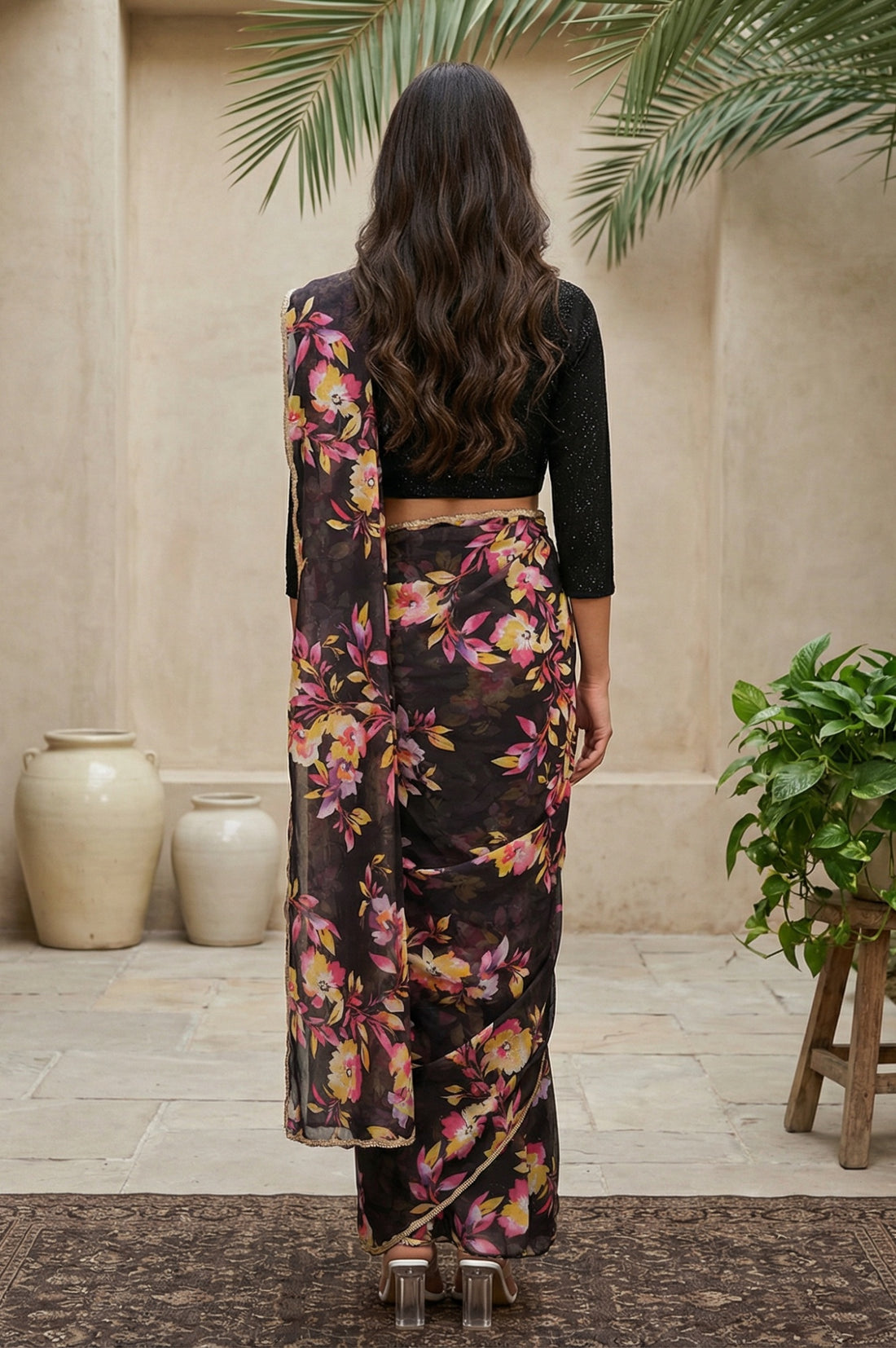 Black Floral Printed Lace Georgette Saree with Stitched Sequined Blouse