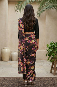 Black Floral Printed Lace Georgette Saree with Stitched Sequined Blouse