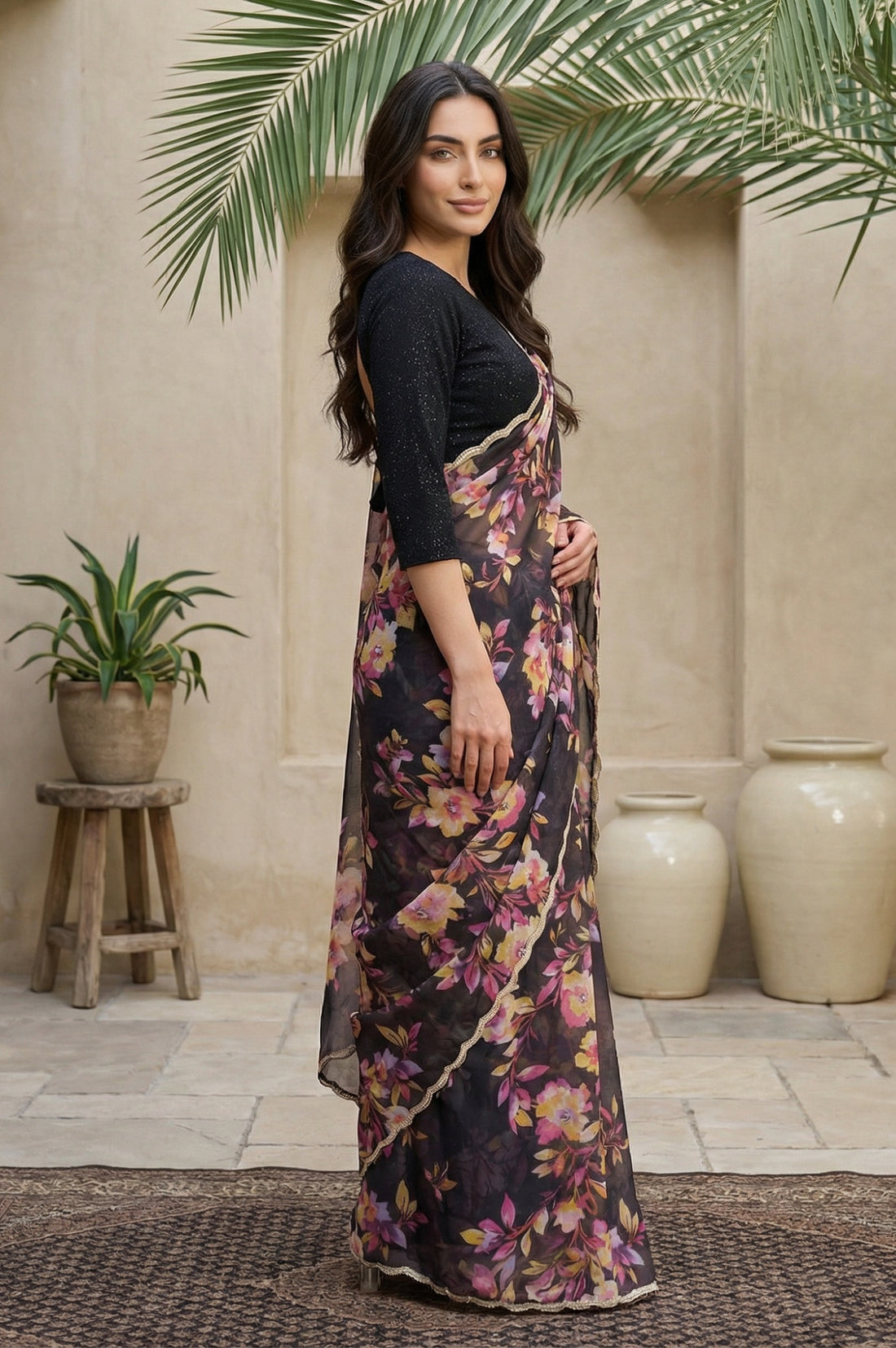 Black Floral Printed Lace Georgette Saree with Stitched Sequined Blouse