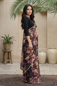 Black Floral Printed Lace Georgette Saree with Stitched Sequined Blouse