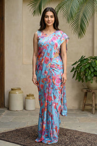 Blue Floral Printed Saree with Petticoat and Stitched Blouse Set