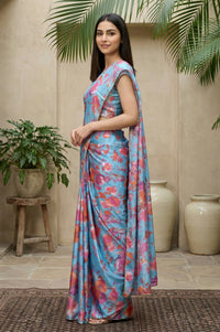 Blue Floral Printed Saree with Petticoat and Stitched Blouse Set