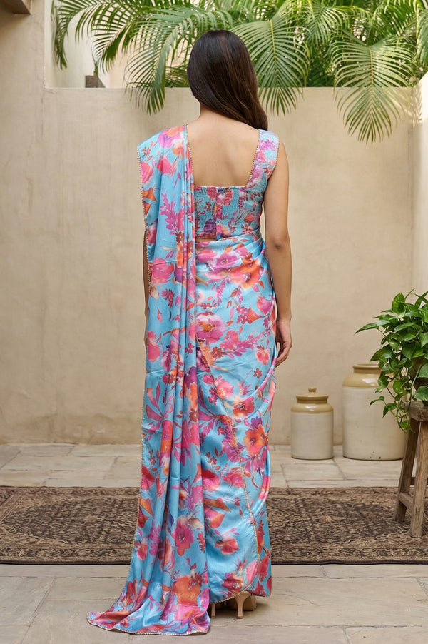 Blue Floral Printed Saree with Petticoat and Stitched Blouse Set