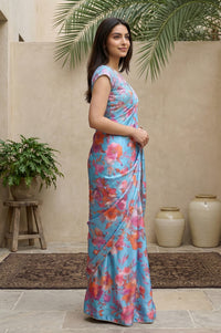 Blue Floral Printed Saree with Petticoat and Stitched Blouse Set