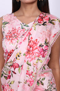 Pink Floral Printed Saree with Petticoat and Stitched Blouse Set