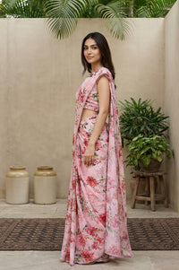 Pink Floral Printed Saree with Petticoat and Stitched Blouse Set