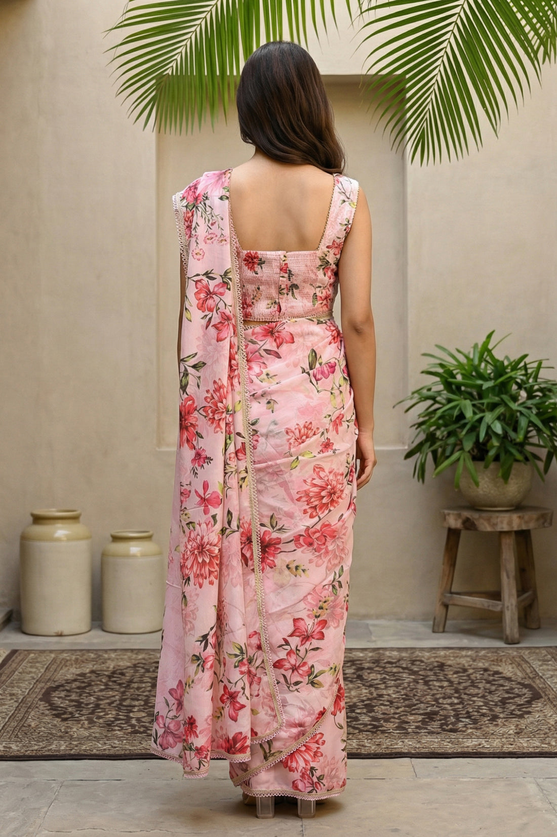 Pink Floral Printed Saree with Petticoat and Stitched Blouse Set
