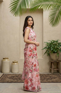 Pink Floral Printed Saree with Petticoat and Stitched Blouse Set
