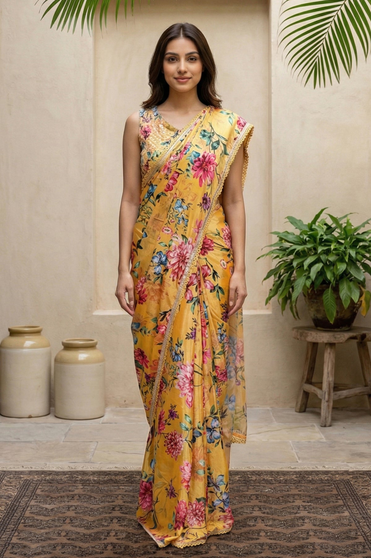 Yellow Floral Printed Saree with Petticoat and Stitched Blouse Set - S/M
