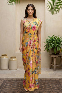 Yellow Floral Printed Saree with Petticoat and Stitched Blouse Set