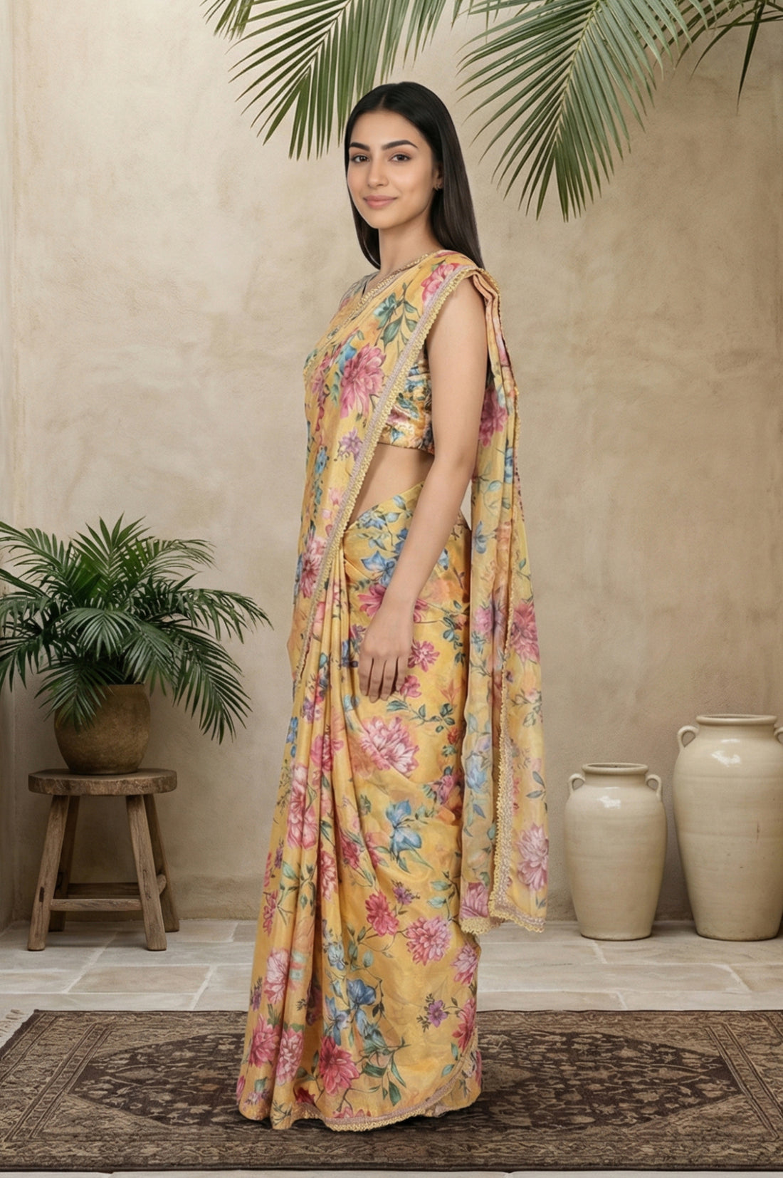 Yellow Floral Printed Saree with Petticoat and Stitched Blouse Set
