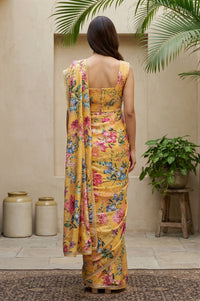 Yellow Floral Printed Saree with Petticoat and Stitched Blouse Set