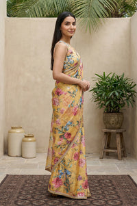 Yellow Floral Printed Saree with Petticoat and Stitched Blouse Set