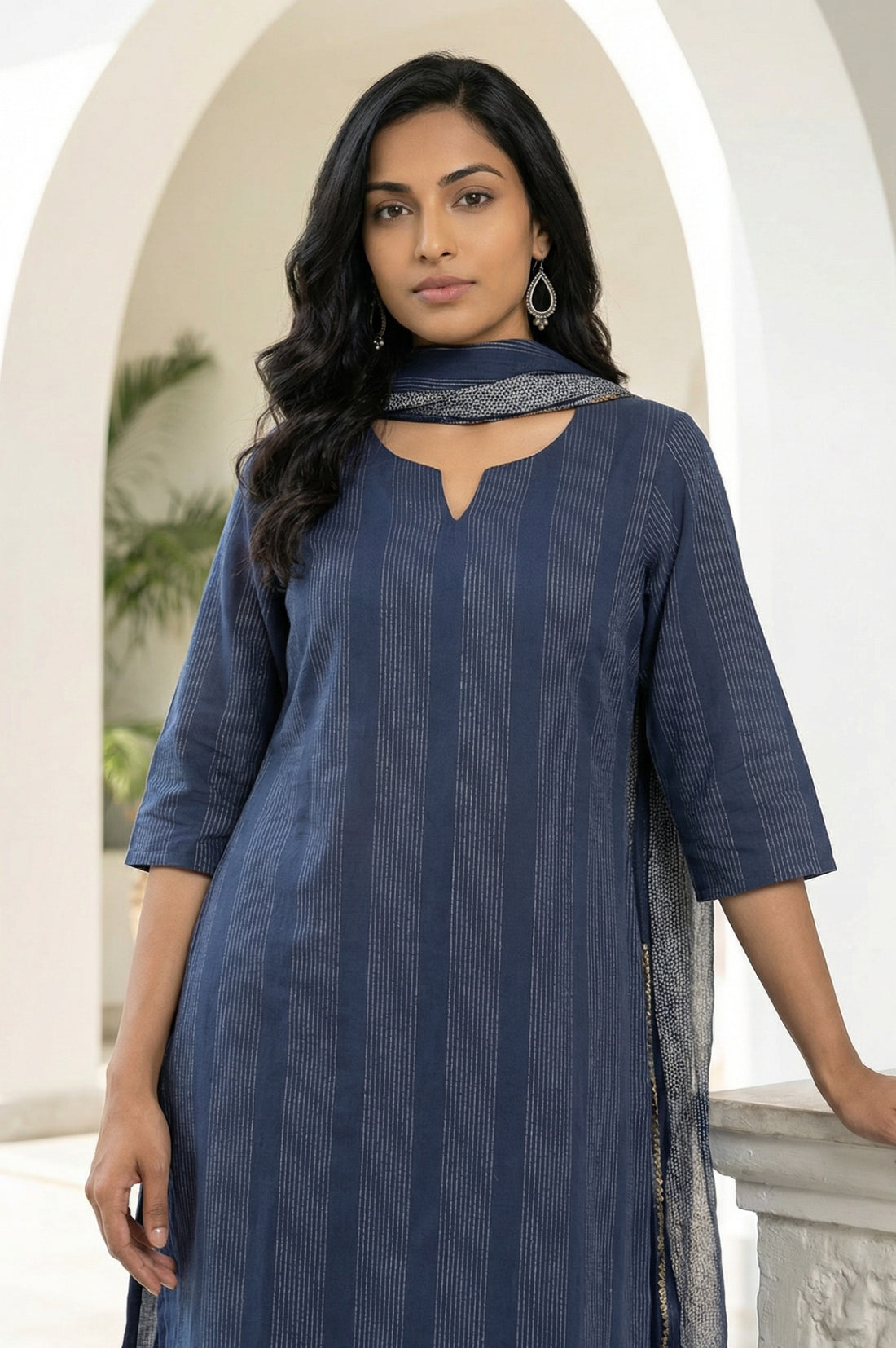 Navy Blue Yarn Dyed Striped Pure Cotton Stole