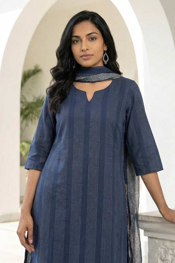 Navy Blue Yarn Dyed Striped Pure Cotton Stole