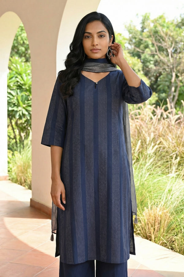 Navy Blue Yarn Dyed Striped Pure Cotton Stole